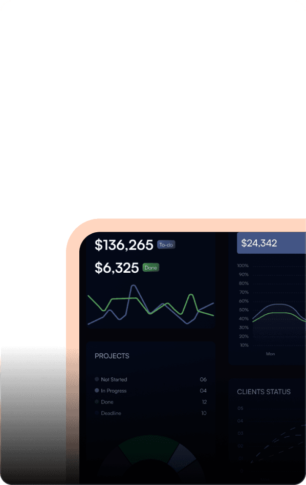Financial dashboards — cash position, profitability, margins, and cash flow projections updated live.