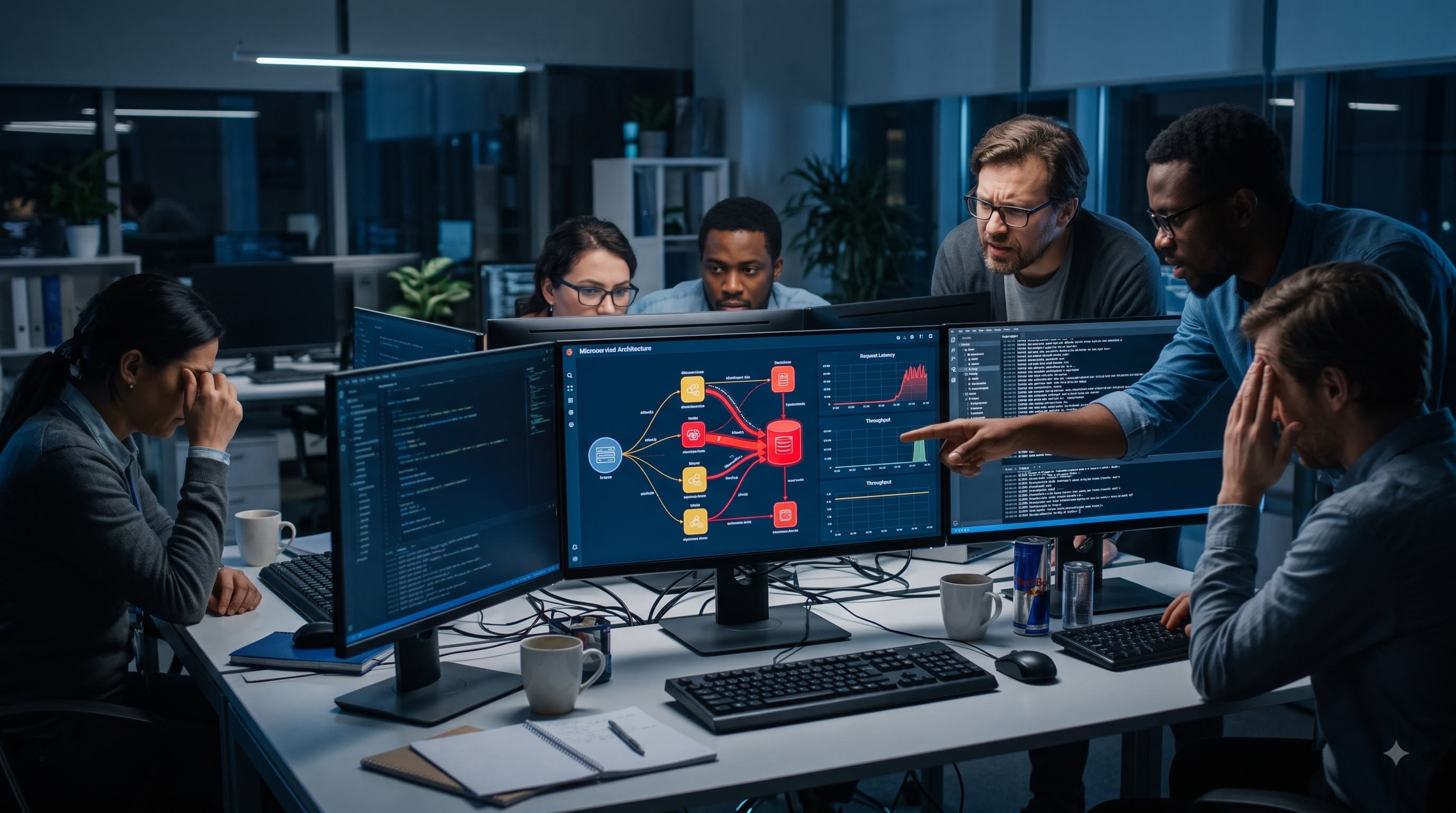 Operations team analyzing workflow data on multiple monitors